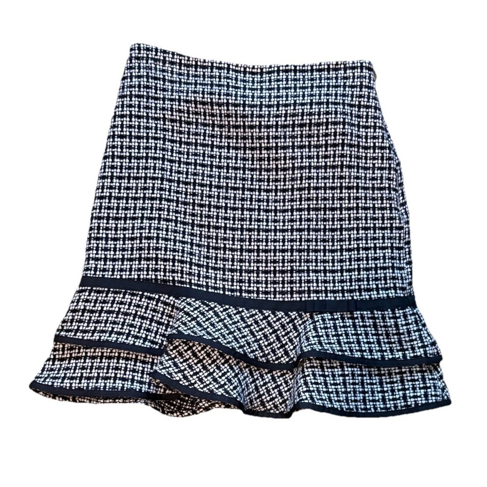John Paul Richard UniforM Tweed Skirt Women's Size 6 Black White Ruffle Hem